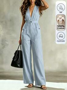 SHEIN LUNE CURVE Cotton Casual Jumpsuit With Pockets, V-Neck, Suitable For Commuting, Vacation, Plus Size, Spring/Summer/Autumn Beach Vacation Light Blue - Blue - View 4