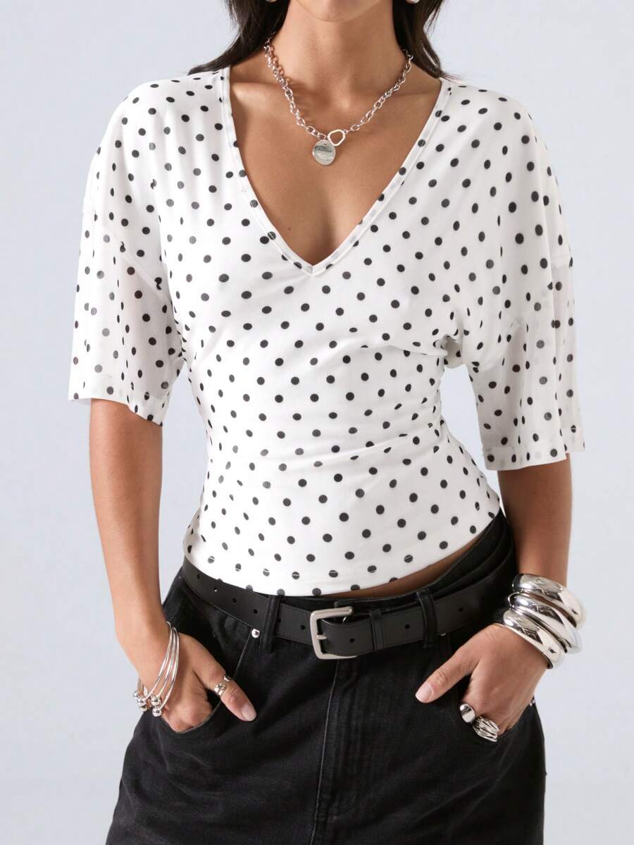 LYSMO 2026 New Arrive Minimalism Spring/Summer Women's V-Neck Polka Dot Ruched Slim Fit Versatile Casual Daily T-Shirt - Black and White - View 1