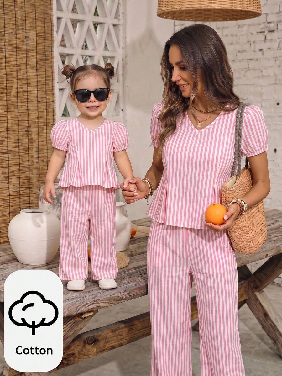 Baby Girl Cute Summer Bow Striped Short Sleeve Top And Elastic Waist Pants Set - Pink - View 1