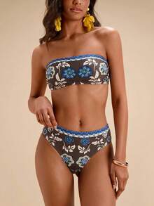 Travachic Women Floral Print Bandeau Bikini Set,Summer Outfits For Women,Swimsuits For Woman,Bathing Suits For Women - Multicolor - View 5