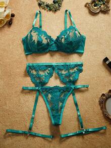 SHEIN 5pcs Women's Romantic Sheer Embroidered Mesh Underwire Lingerie Set - Cadet Blue - View 1