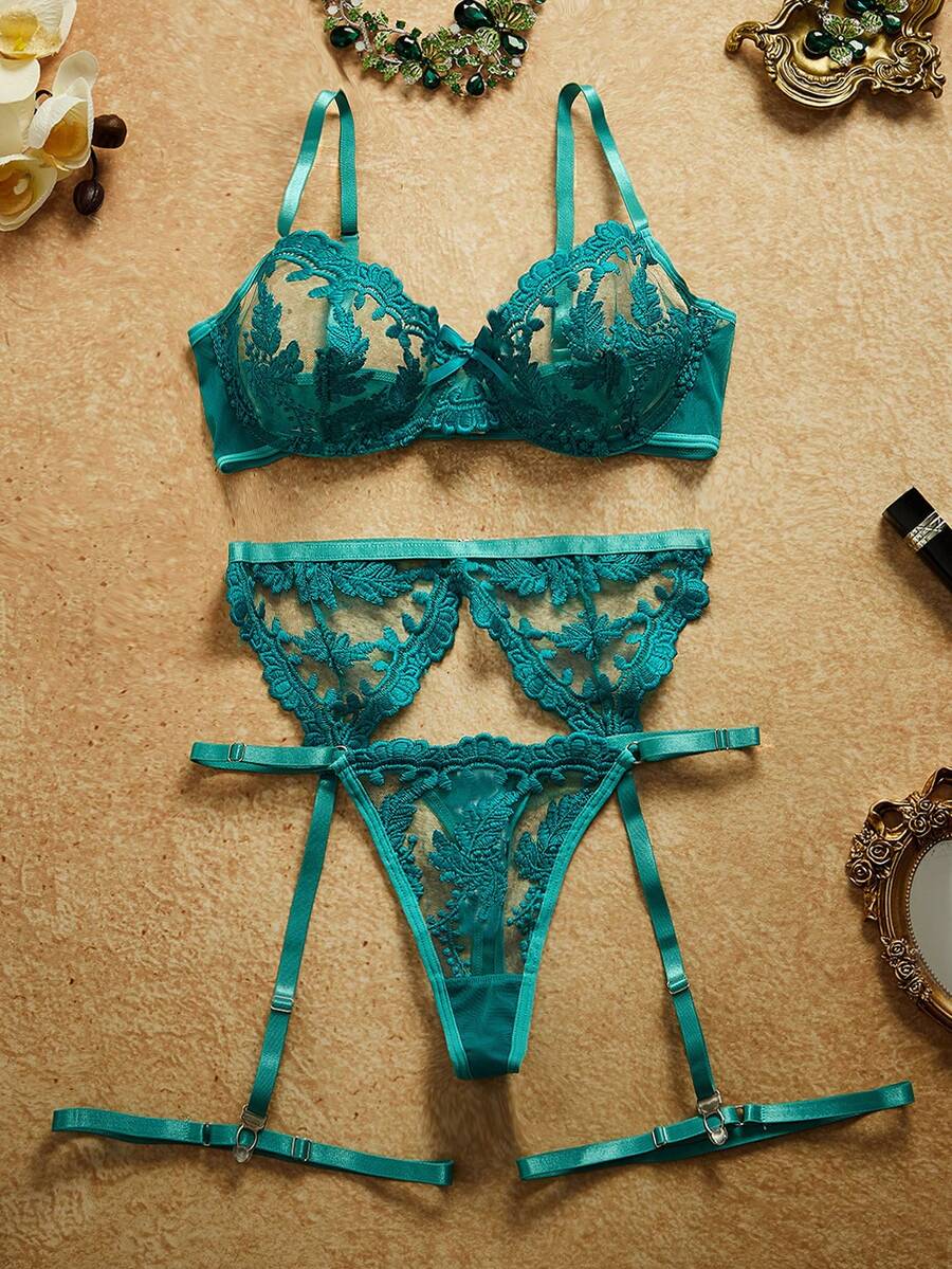 SHEIN 5pcs Women's Romantic Sheer Embroidered Mesh Underwire Lingerie Set - Cadet Blue - View 1
