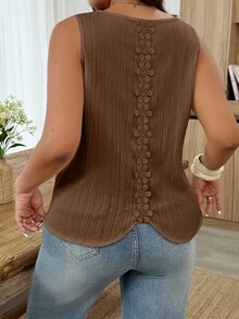 Weeklong Plus Size Women Spring/Summer Sleeveless Textured Fabric Ruffle Trim Decorative Casual Vacation Blouse Tank Top - Brown - View 4