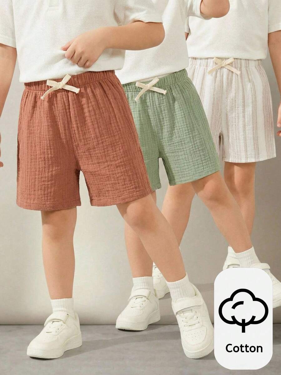 SHEIN 買二送一 三入組 男童休閒運動大學復古條紋與素色高 CP 值多入短褲 適合返校、生日派對、晚宴、表演、婚禮、洗禮、開幕典禮及日常穿著