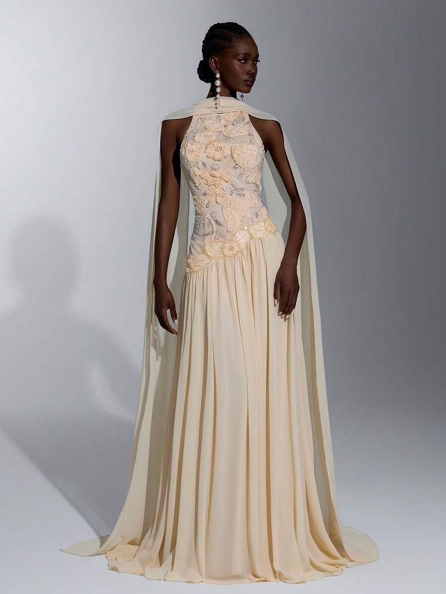 Elitara Elegant Queen Cream Chiffon Beaded Strapless Bustier Dress 3D Elitara Elegant Queen Cream Chiffon Beaded Strapless Bustier Dress 3D