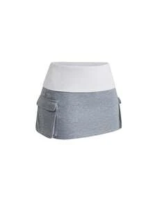 ROMWE Women's Patchwork Large Pocket Ultra Low Waist Sexy Active Skirt, Music Festival Style, Spring/Summer Gym White - Khaki - View 2