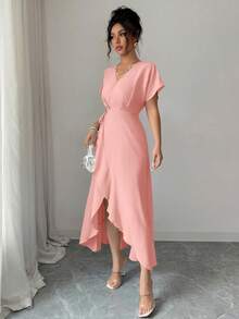 Modelyn Women's Solid Color Casual Elegant Vacation Lace-Up Waist Spring/Summer Mid-Length Dress Dusty Pink - Pink - View 6