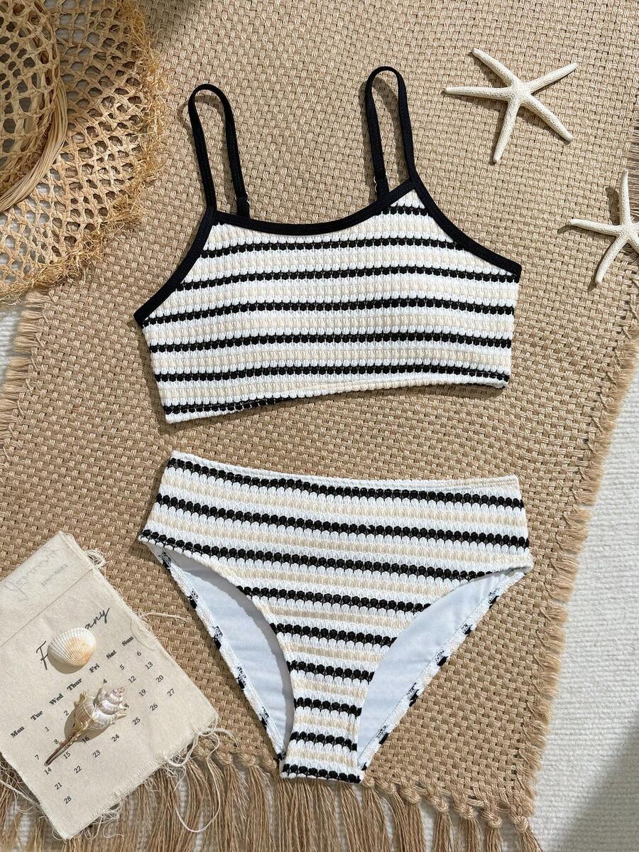 SHEIN Black & White Striped Textured Tankini Swimwear Set For Tween Girls Suitable For Summer Beach, Holiday, Swimming Pool Party - Multicolor - View 1