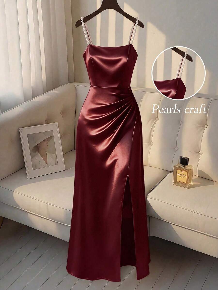 SHEIN Franclia 优雅珍珠装饰高开衩吊带连衣裙,夏季 - 紅色 - 查看 1