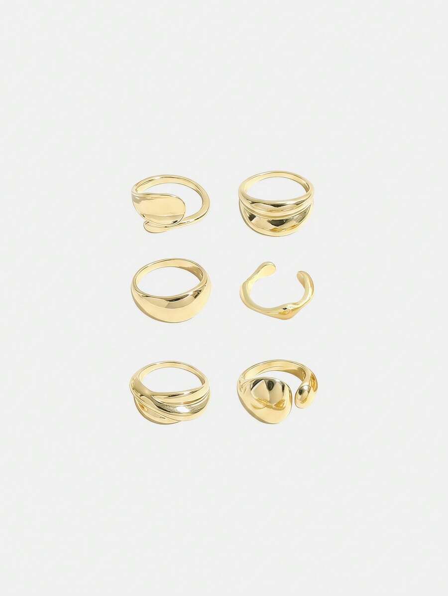 Lumivelle 6pcs Plain Geometric Chunky Fashion Rings, Vintage Inspired Classic Gold Color Cocktail Rings For Women - Gold - View 1
