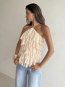Aloruh Women's Elegant Tropical Romantic Lace-Up Halter Neck Multi-Layer Ruffle White Beach Vacation Vacation Date Top Summer - Khaki - View 4