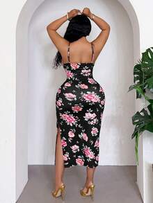 Veslaya Plus Size Women's Floral Print Elegant Waist-Cinched Party Cocktail Strap Dress Brown Gym - Multicolor - View 3
