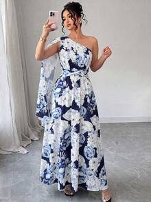 Elenzga Đầm nữ size lớn màu xanh navy họa tiết hoa thanh lịch cho kỳ nghỉ hè, thiết kế vai bất đối xứng kiểu choàng, xoắn, không tay, eo chiết, đầm dự tiệc cưới - Màu xanh hải quân - Xem 4