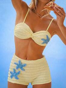 SHEIN Swim 女款 2 件式泳衣套裝，海星拼接可拆卸平口上衣與短褲，海灘度假淺藍色夏季熱帶風 - 黃色 - 查看 5