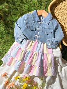 SHEIN Vintaside Kids 女嬰春夏領口長袖時尚短版上衣搭配細肩帶背心，優雅可愛日系風畢業禮服，淺藍粉色條紋 - 彩色 - 查看 2