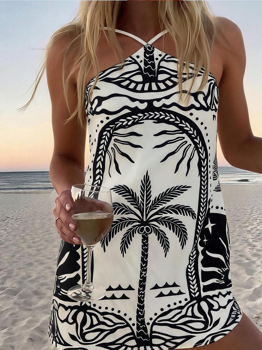 Travachic Vestido mini con estampado de palmeras, escote halter y espalda descubierta, ideal para el verano - Multicolor - Ver 1