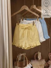 CovetEZ 3pcs Women's Textured Casual Shorts Set, Vacation Style Beach Butter Yellow White Light Blue Summer - Multicolor - View 2