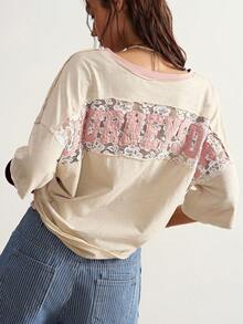 Bohemela Women's Summer Casual Vintage Vacation Basic Versatile Beige 100 Cotton Knit Round Neck Short Sleeve Loose T-Shirt With Lace Applique Letter Detailing - Multicolor - View 1