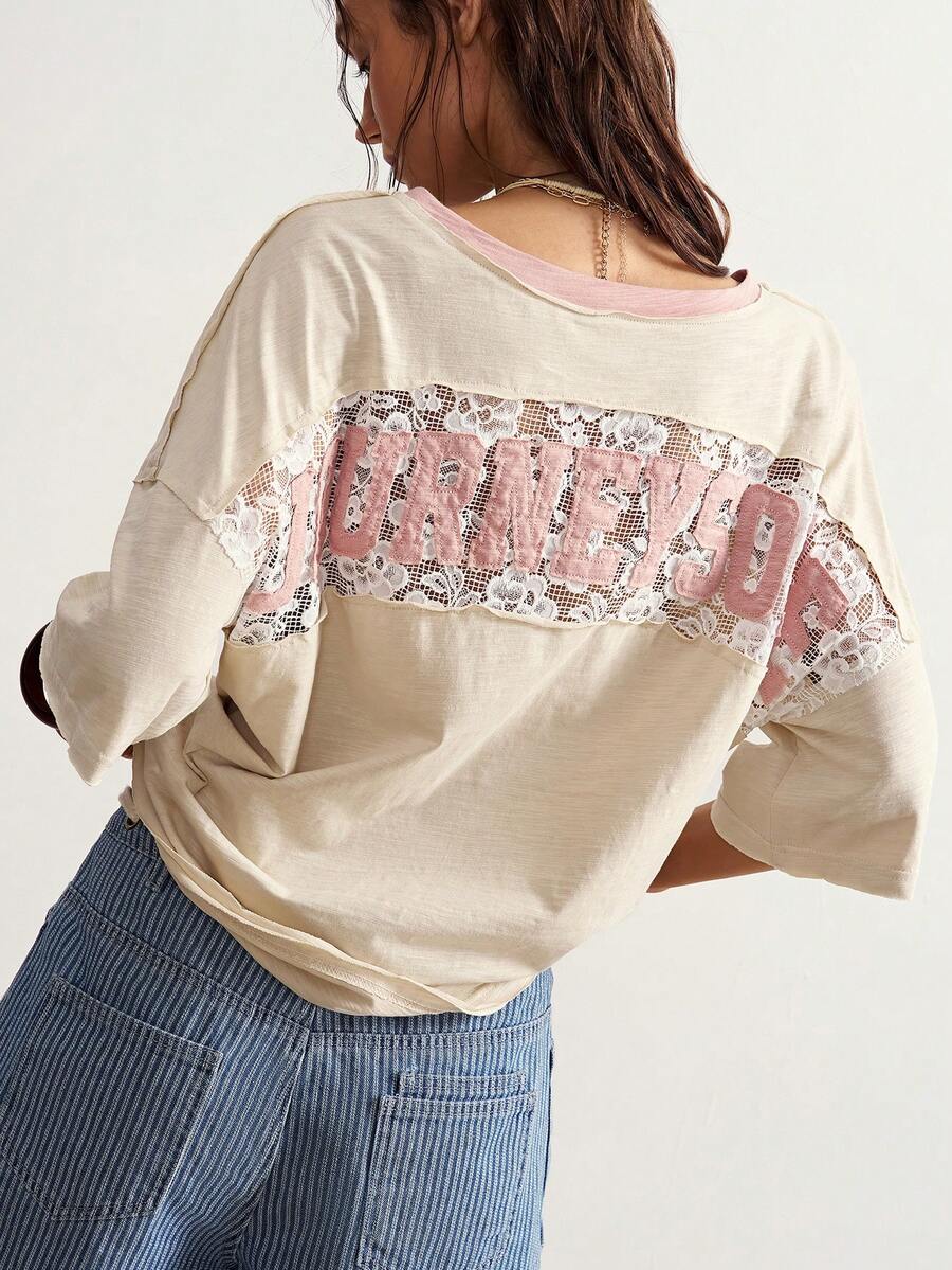 Bohemela Women's Summer Casual Vintage Vacation Basic Versatile Beige 100 Cotton Knit Round Neck Short Sleeve Loose T-Shirt With Lace Applique Letter Detailing - Multicolor - View 1