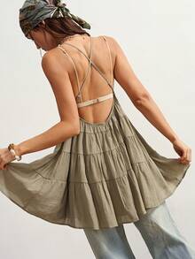 Bohemela Casual Solid Color Woven Loose Fit Women Mini Slip Dress - Olive Green - View 5