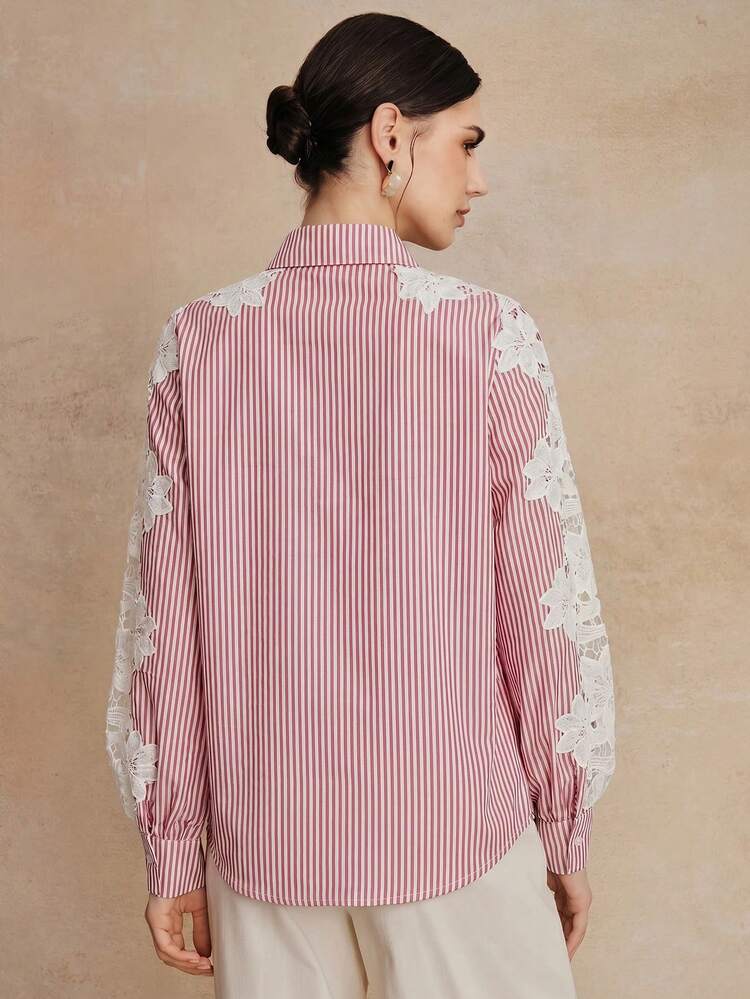 Women's New European Version Spring/Summer/Autumn Embroidered Patchwork Blue And White Striped Long Sleeve Shirt
