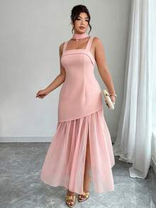 Elenzga Plus Size Women's High Slit Dress, Solid Color Sleeveless Maxi Cover-Up With Scarf, Suitable For Office/Date/Daily Wear, Spring/Summer New Arrival - Pink - View 4