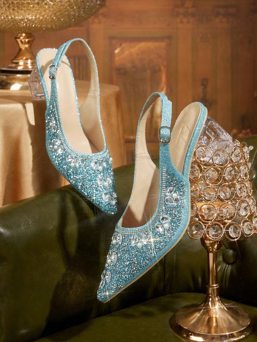 CUCCOO TILAWA Women's Crystal Heel Glass Rhinestone Pointed Toe Blue High Heel Pumps, Suitable For Outings, Banquets, Parties And Other Events - Sky Blue - View 1