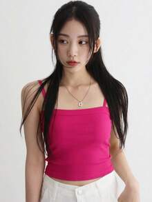 DAZY 女款素色羅紋休閒細肩帶背心 夏季 - 中紫紅色 - 查看 2