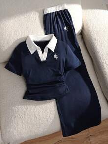 少女夏季休闲撞色领口刺绣细节T恤和裤子套装 - 彩色 - 查看 2