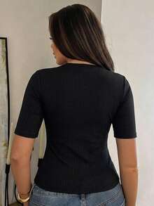 Dazy Plus Plus Size Women's Solid Color Round Neck Short Sleeve Ribbed Fitted T-Shirt - Black - View 3