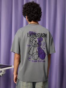 FROVYX Loose Men's Cartoon Bear & Letter Printed Round Neck Short Sleeve T-Shirt - Dark Grey - View 1