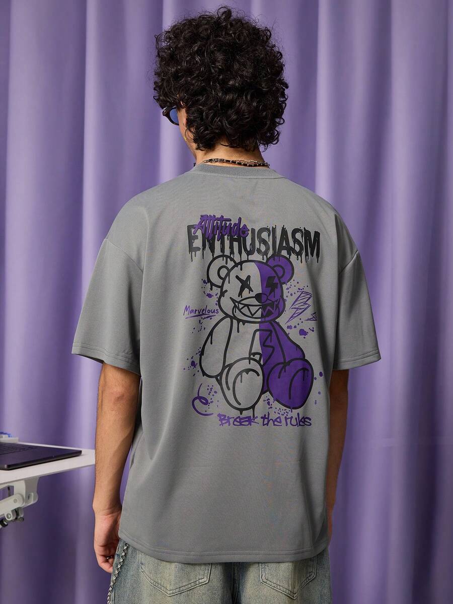 FROVYX Loose Men's Cartoon Bear & Letter Printed Round Neck Short Sleeve T-Shirt - Dark Grey - View 1