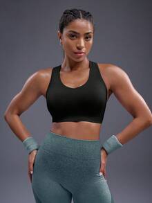 Powerista Scoop Neck Wire-Free Solid Color Minimalist Short Sports Bra - Black - View 3
