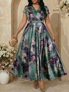 Fleurora 大码女士优雅印花连衣裙，夏季婚礼宾客礼服 - 綠色 - 查看 1