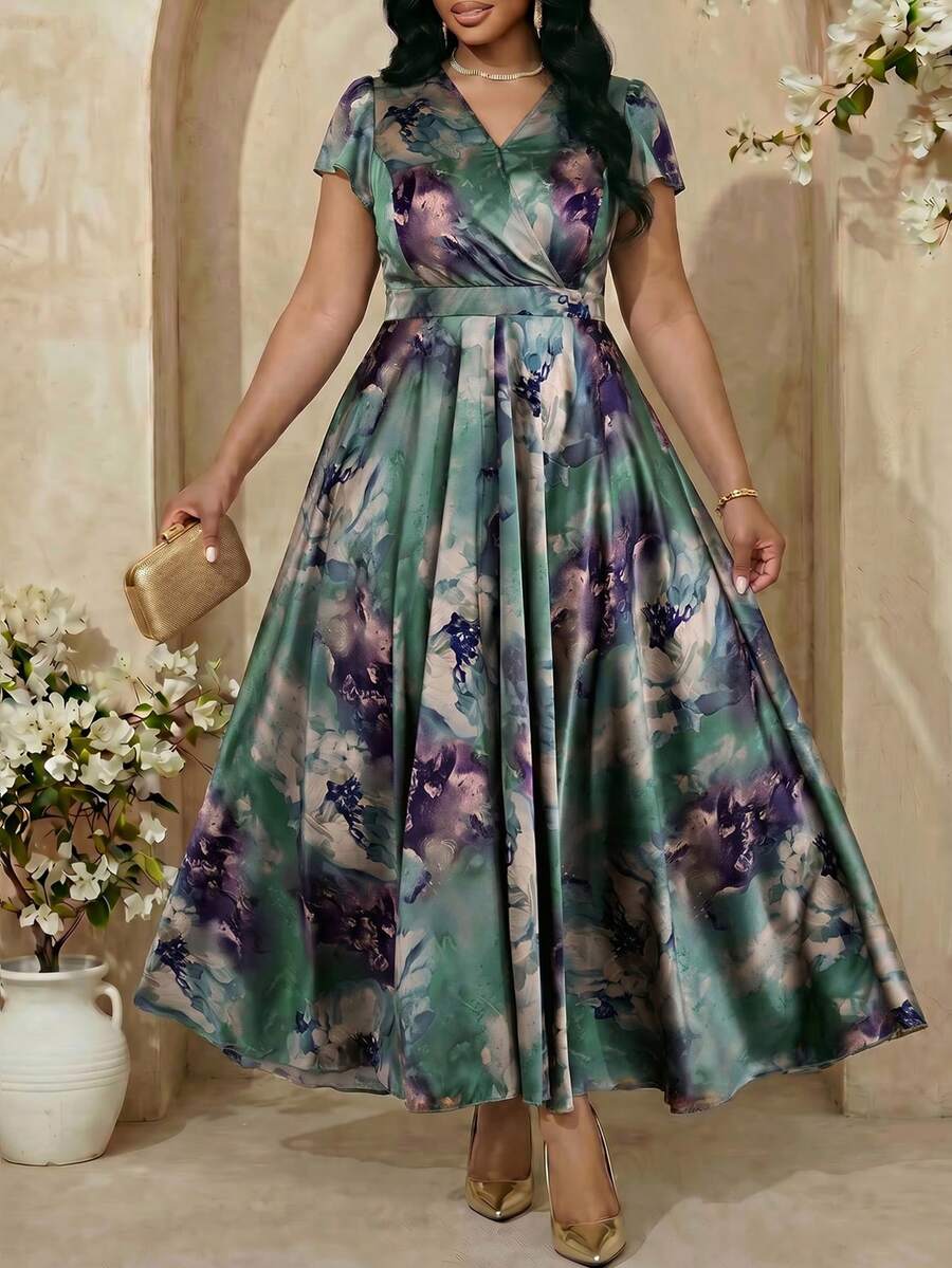 Fleurora 大码女士优雅印花连衣裙,夏季婚礼宾客礼服 - 綠色 - 查看 1