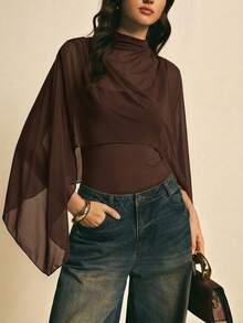 Poéselle Women's Solid Color Stand Collar Asymmetric Design Fashion Bodysuit - Chocolate Brown - View 3
