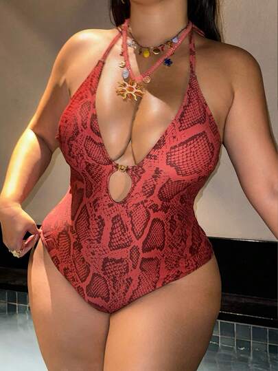 Swim SXY Plus Size Women's Random Print Thin Strap One-Piece Backless Sexy Bikini Swimsuit
