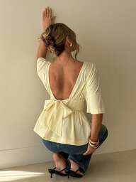 Aloruh Women's Elegant Round Neck Backless Bow Decor Fitted Blouse, Milky White,Summer Top