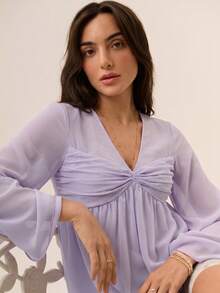 Willow Rêve Waist Pleated Flowy Long Purple Chiffon V-Neck Long Sleeve Blouse For Women - Dusty Purple - View 6