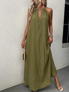 Levarali Women's Textured Metal Decor Sleeveless Dress For Beach Vacation And Music Festival - Army Green - View 7