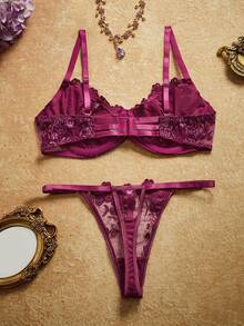 PinupPomp 2 piezas Conjunto de lencería de mujer con bordado de malla - Rojo violeta - Ver 2