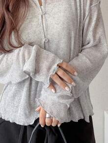 FRIFUL Áo thun nữ màu xám trơn cổ tròn tay dài viền gân trang trí cúc dáng rộng thoải mái, thích hợp cho mùa thu. - Màu Xám nhạt - Xem 1