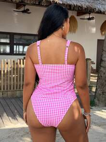 SHEIN Swim 2026新款加大码两件套格子随机碎花边吊带背心上衣和三角裤可爱休闲度假简约比基尼 - 彩色 - 查看 2