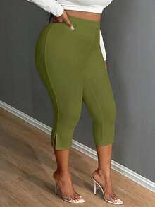 SHEIN SXY 橄欖綠素色開衩短款緊身褲，休閒彈性腰帶日常彈性緊身褲，女大尺碼服飾 - 橄欖綠 - 查看 3