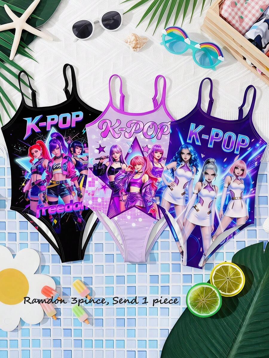 Young Girls K-Pop Superstars Cartoon Girl Group Swimsuit With Printed Pattern, One-Piece Swimwear Suitable For Summer - Multicolor - View 1