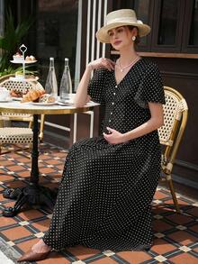 Momance Printed Polka Dot Split Long Ruffle Sleeve Casual Maternity Dress - Black and White - View 8