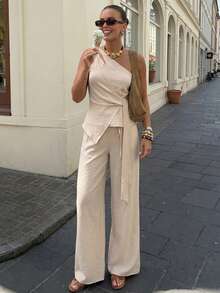 Selianne Women's Spring/Summer One-Shoulder Knot Waist Asymmetrical Hem Solid Color Top And Wide Leg Pants Set, Beach Vacation Casual Elegant Sexy Beige - Apricot - View 8