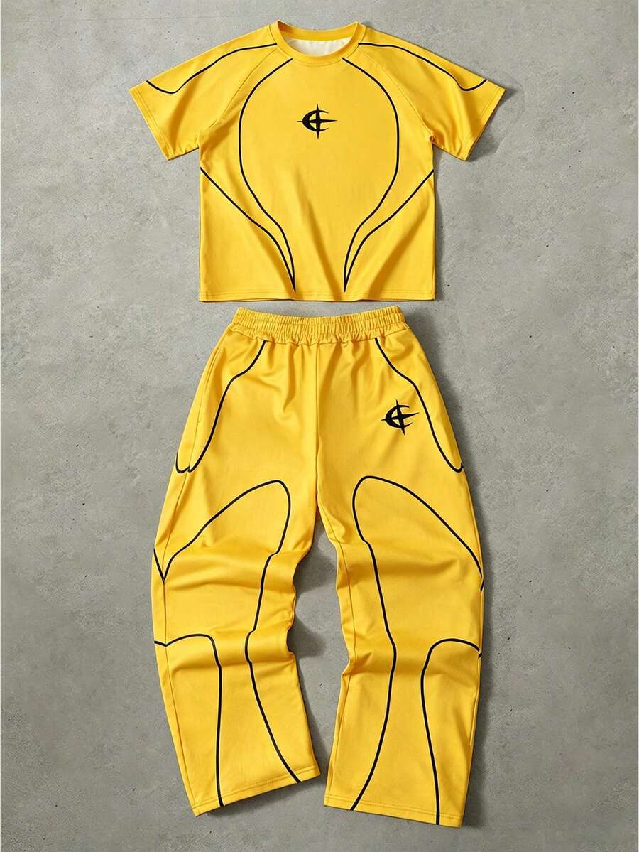 PAVTROS 男士黃色街頭風運動服多層線條機車風短袖褲裝套裝,適合夏季健身房、復古派對,送給他的禮物 - 黃色 - 查看 1