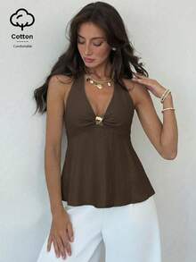 Aloruh Áo kiểu nữ dáng chữ A eo chiết, vải linen, trang trí kim loại, mùa xuân/hè - Màu Tím - Xem 7