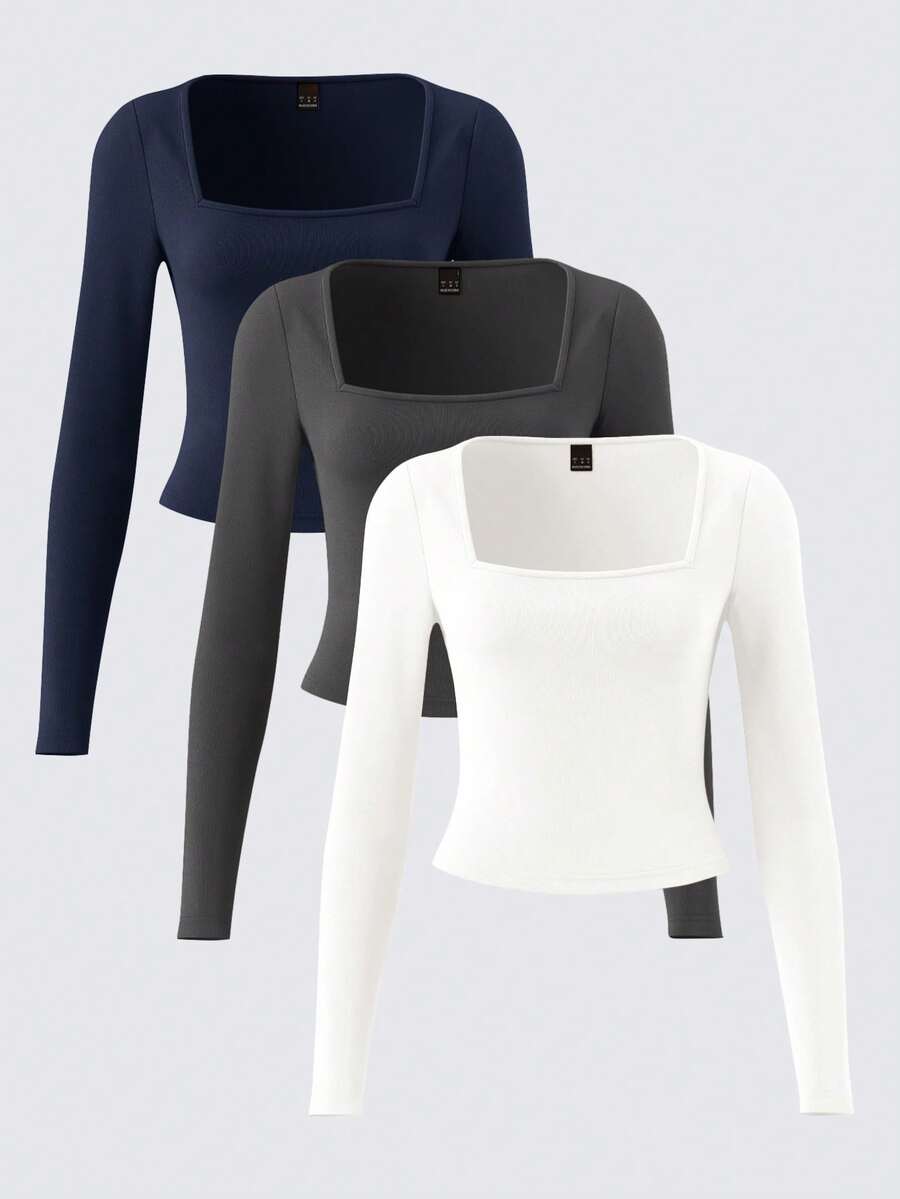 SHEIN BASICS 3件組純色針織長袖修身方領短版女款T恤，海軍藍、灰色、白色，秋季休閒基本款，端莊日常穿搭